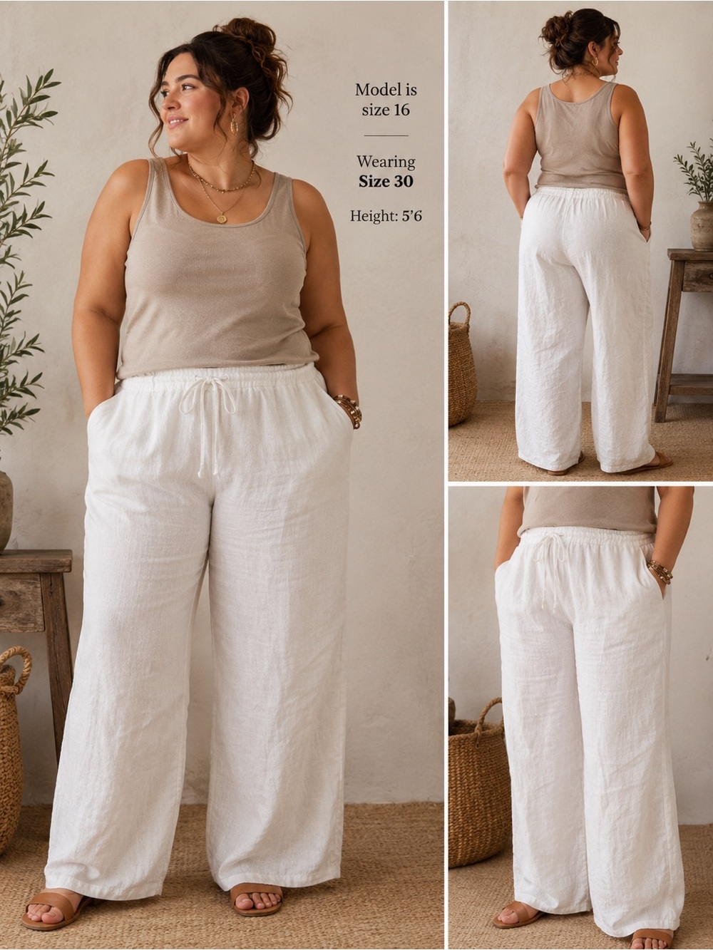 FLAX Plus Size 30 White 100% Linen Wide Leg Drawstring Pants NWT Relax Fit